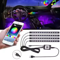 12 LED App Control RGB Car Interior Foot LED Lights with Music Mode Ambient Lighting Under Dash Kit Adjustable Brightness Waterproof Multi-Color Car Interior LED Strip Lights